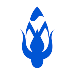 A blue icon that resembles the upward pointing bud of a rose flower.