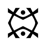 A black and white Japanese Zen-style icon consisting four chevron-style arrows, like the angle extensions of a k, and two dots.