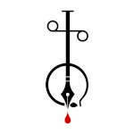 A black and red icon consisting of a fountain pen cutting through the neck of an ouroboros snake.